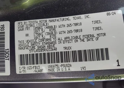 2024 Toyota Tundra Sr5 4Wd z USA, uszkodzony, nr VIN 5TFLA5DB5RX233640
